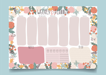 Vector weekly planner templates with floral design. Planner with space for notes, to do and habit and water tracker