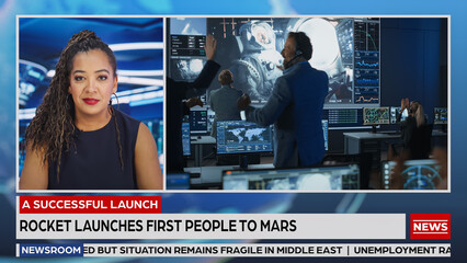 Split Screen TV News Live Report: Anchor Talks. Reportage Montage: Space Travel, Successful Rocket Launch with Astronaut, Control Room Celebrating. Television Program Channel Concept