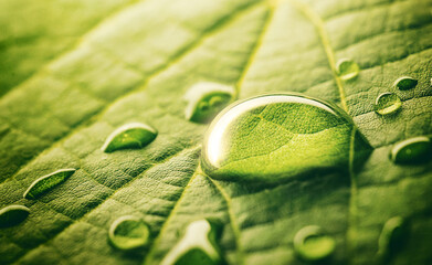 An amazingly beautiful macro image of water or dew drops on a green leaf of a plant with sunlight...