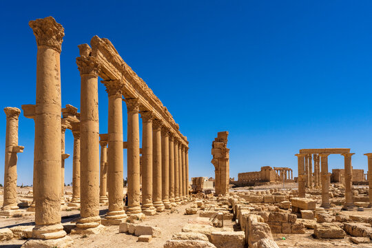 Great Colonnade of Palmyra, in Syria. Colonnade was also partly damaged by ISIL during Syrian civil war.