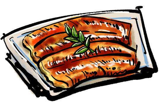 「うなぎの蒲焼き」の手書きイラスト（筆書き墨絵風）