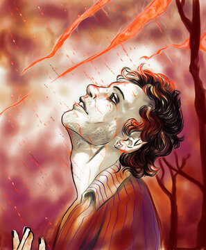 Digital illustration of a man with curly hair looking up, while blood rains on his face