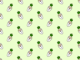 Radish cartoon character seamless pattern on green background