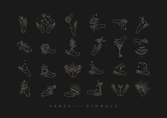 Hands in different positions with symbols and elements moon, sun, flowers, perfume, fire, cocktail, origami, key, stone, leaf, drawing in line style on dark background.