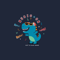 Cute dino happy listening to music vector