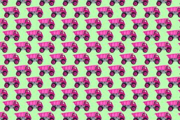 Colorful pink plastic dump truck, tip lorry, car toy isolated on green background still life seamless pattern,mockup, template, toys for children, girls, kids development, playing, childhood