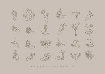 Hands in different positions with symbols and elements moon, sun, flowers, perfume, fire, cocktail, origami, key, stone, leaf, drawing in line style on beige background.
