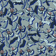 flowers and foliage botanical vector seamless pattern