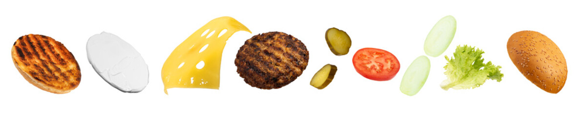Delicious burger ingredients isolated on white background.