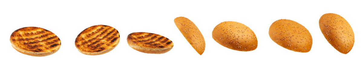 Grilled burger bun isolated on white background. Collection.