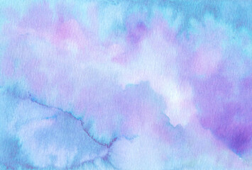 イラスト素材：手描きの水彩絵の具のにじみ背景　横位置/青色×水色×紫色×白色

