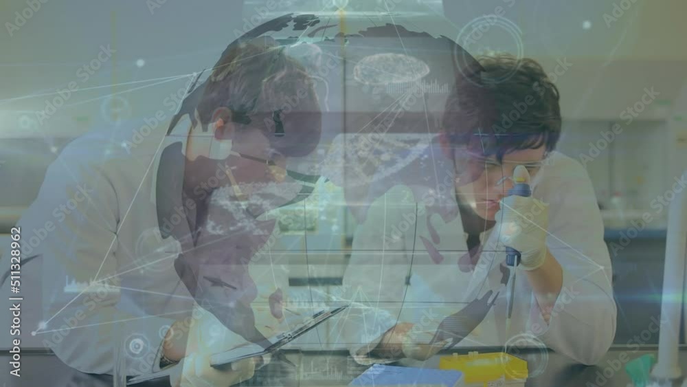 Poster animation of networks and data processing over diverse scientists in laboratory