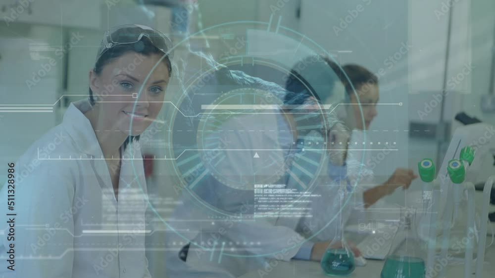 Poster animation of networks, data processing and scope over diverse scientists in laboratory