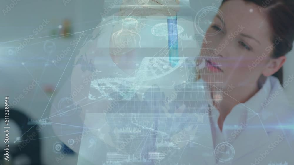 Poster animation of data processing and globe over diverse scientists in laboratory