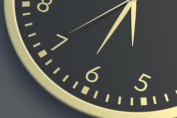 Fototapeta na wymiar Stylish wall clock on dark background. 3d render