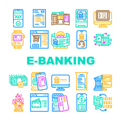 E-banking And Contactless Payment Icons Set Vector. E-banking Online Service And Paying With Mobile Phone Application And Nfc System. Bank Transaction In Smartphone Color Illustrations