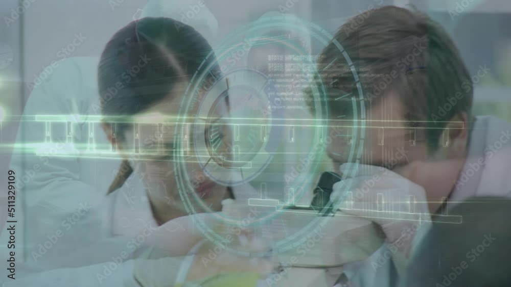 Poster animation of scope, dna strand and data processing over diverse scientists in laboratory