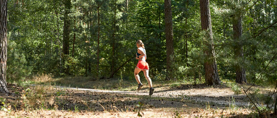 Distance back of sportswoman running in forest © Svitlana