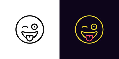 Outline crazy emoji icon, with editable stroke. Silly emoticon with tongue and wink, wacky face pictogram. Funny fool emoji - obrazy, fototapety, plakaty
