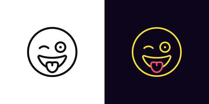 Outline crazy emoji icon, with editable stroke. Silly emoticon with tongue and wink, wacky face pictogram. Funny fool emoji