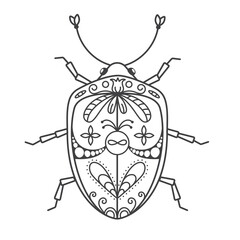 A big beautiful beetle with patterned wings in doodle style. The hand drawn illustration can be used for children's or adult coloring books and for tattoos. Isolated image in zentangle style