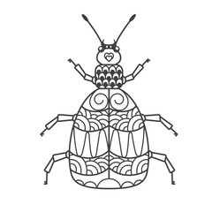 A predatory beetle with scaly wings in doodle style. The hand drawn illustration can be used for children's or adult coloring books and for tattoos. Isolated image in zentangle style, on a white backg