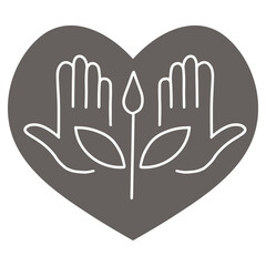 Obraz premium A branch of a plant in open hands against a heart background. Contour symbol of the protection of nature and the environment. Vector icon