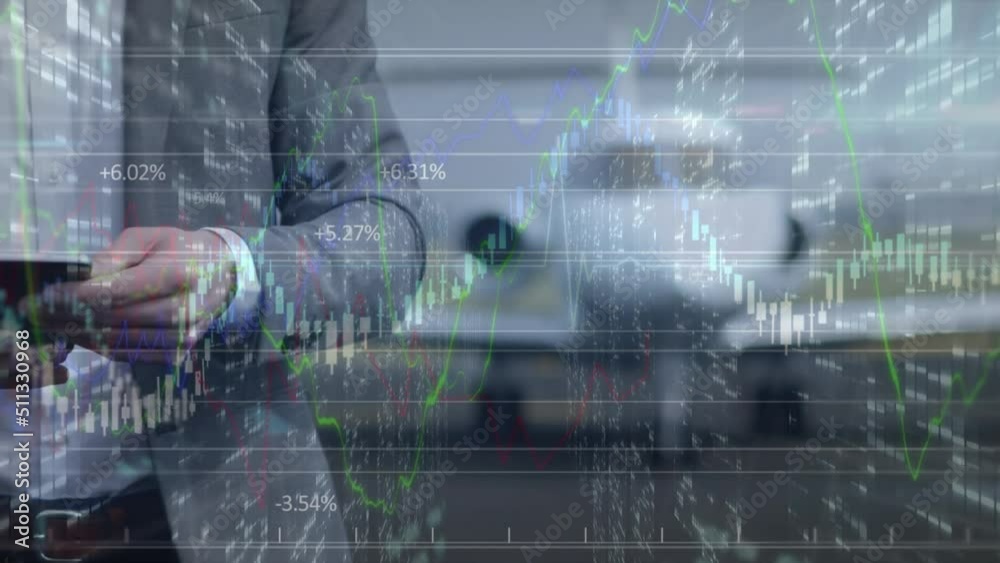 Poster animation of data and graphs over midsection of caucasian businessman using smartphone