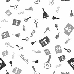 Set Ringing bell, Calculation, Test or exam sheet and Open book on seamless pattern. Vector