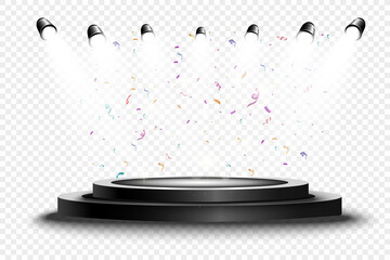 	
Round podium, pedestal or platform, illuminated by spotlights in the background. Vector illustration. Bright light. Light from above. Advertising place
