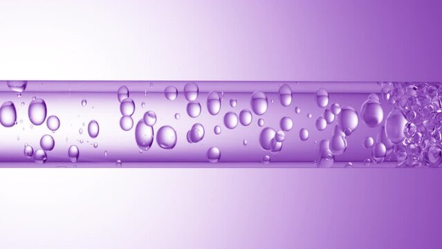 Macro shot of different sized clear bubbles flowing in glass tube with clear liquid on purple background | Abstract body care cosmetics mixing concept