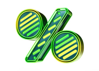 3D Percent symbol in green to yellow gradient. Eye-catching colorful lemon lime style neon stripes typhography. High quality 3D rendering.