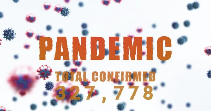 Animation of falling covid 19 cells over pandemic total confirmed text