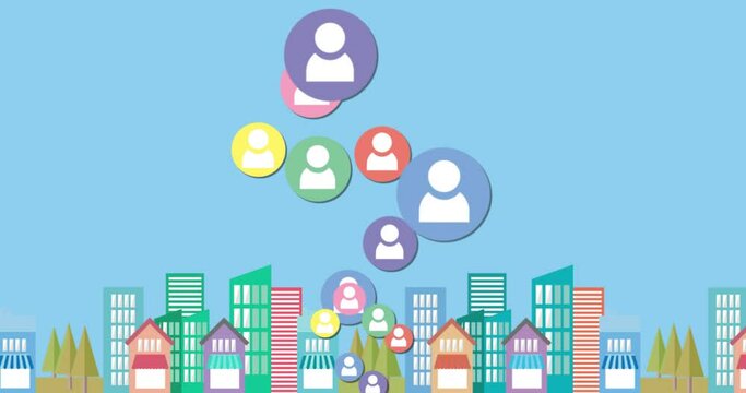 Animation of social media icons floating over cartoon cityscape on blue background