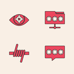 Set Password protection, Eye scan, Folder with password and Barbed wire icon. Vector