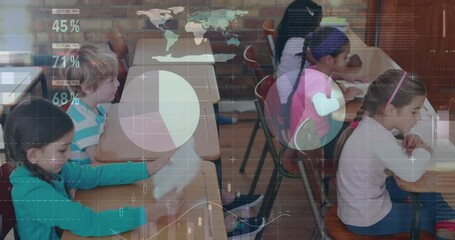 Animation of data processing over diverse group of pupils with female teacher - Powered by Adobe