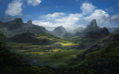 Fantastic Epic Magical Landscape of Mountains. Summer nature. Mystic Valley, tundra. Gaming assets. Celtic Medieval RPG background. Rocks and canyon. Beautiful sky with clouds. Lakes and rivers