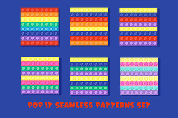 Pop it fidget toy seamless pattern set. Rainbow and pastel colors. Pop bubble silicone toy background. Fun simple dimple game vector illustration. - obrazy, fototapety, plakaty