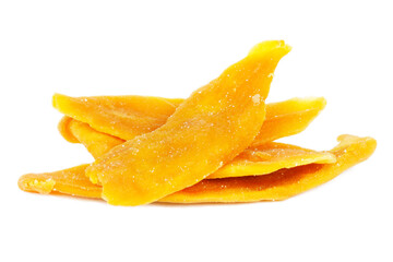 Fototapeta na wymiar Dehydrated mango on a white background, orange dry exotic fruit.