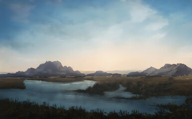 Naklejka na ściany i meble Fantastic Epic Magical Landscape of Mountains. Summer nature. Mystic Valley, tundra. Gaming assets. Celtic Medieval RPG background. Rocks and canyon. Beautiful sky with clouds. Lakes and rivers
