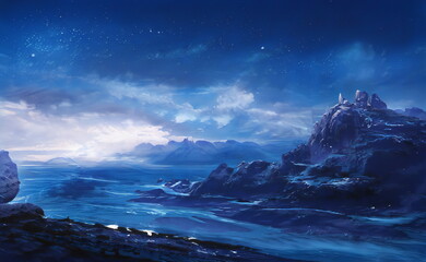 Fantastic Winter Epic Landscape of Mountains. Celtic Medieval forest. Frozen nature. Glacier in the mountains. Mystic Valley. Artwork sketch. Gaming RPG background. Frozen lake. Ice sea