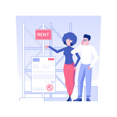 Renting a warehouse isolated concept vector illustration. Businessman discusses warehouse rent with realtor, real estate business, brokerage company services, industrial place vector concept.