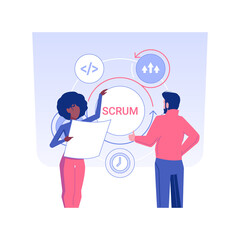 Fototapeta na wymiar Scrum meeting isolated concept vector illustration. Group of IT company workers discussing project development, stand up meeting in office, teamwork organization, planning idea vector concept.