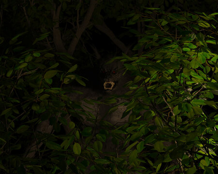 Dogman or Werewolf cryptid lurking in bushes