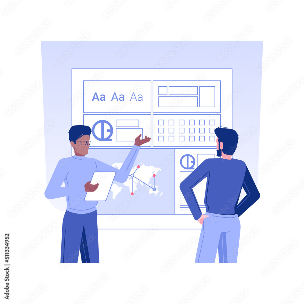 Poster style guide isolated concept vector illustration. smiling client getting style guide for app usage, 