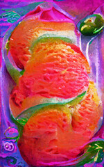 Fresh peach icecream. painted in pink yellow and green.