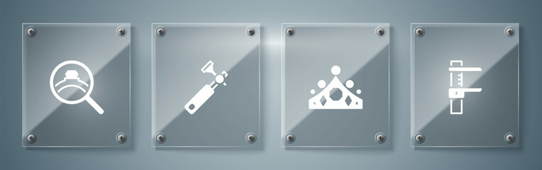 Set Calliper or caliper and scale, King crown, Jewelers lupe and Diamond engagement ring. Square glass panels. Vector