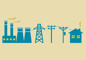 Blue power plant generates electricity to transmit electricity to electric poles and city home on brown background icon flat vector design.