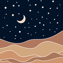 Moon in the sky against the background of the night landscape of the desert in the flat cartoon style. Sand dunes. Abstract landscape of nature. Vector illustration banner banner