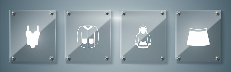 Set Skirt, Hoodie, Sweater and Swimsuit. Square glass panels. Vector